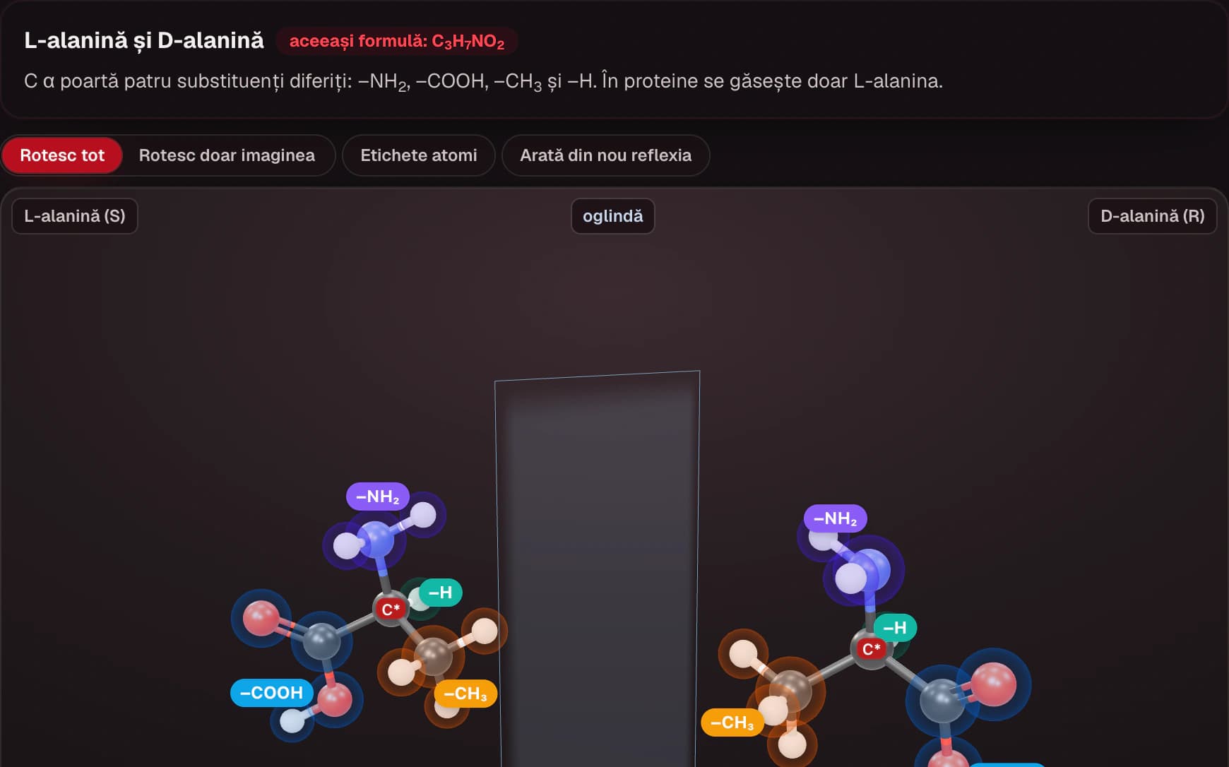 SIMEDRA — Chimie 3D: L-alanina și D-alanina, imagini în oglindă, cu atomul de carbon asimetric marcat